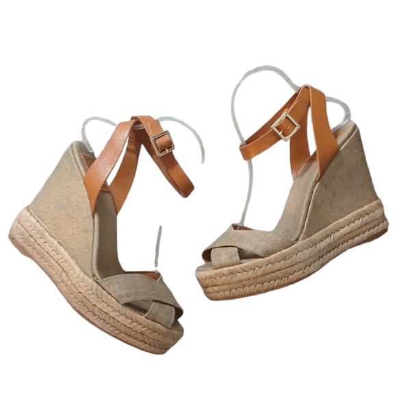 Tory Burch Gold/Brown Platform Canvas Bima Espadrille Wedge Sandals size 9 - Picture 2 of 12
